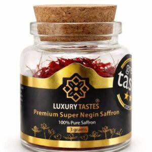 Glass jar of premium super negin saffron with a cork lid and decorative label.